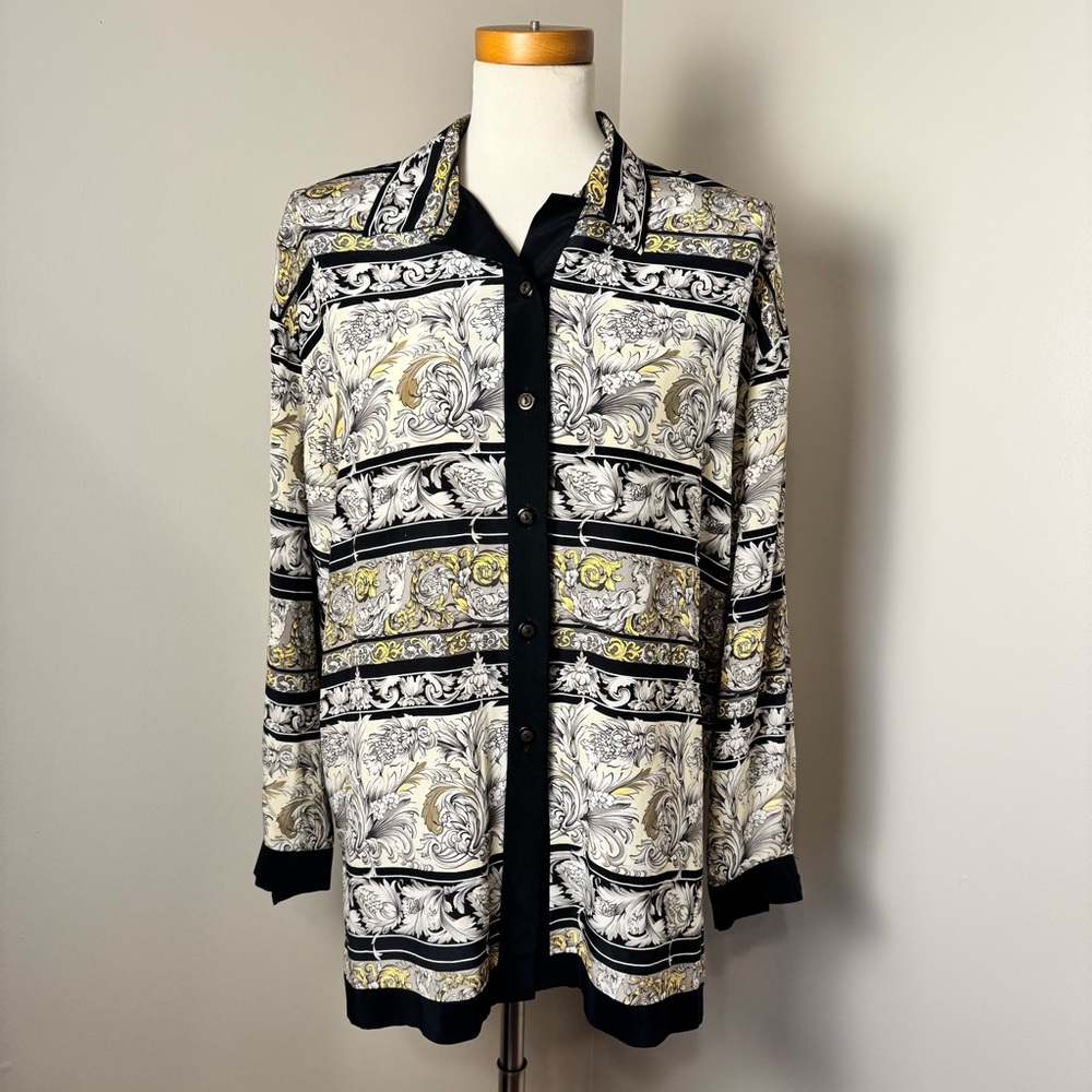 YL STUDIO 100% Silk Button Front Blouse w/ Opulent Print Pattern BLACK-GOLD / SM